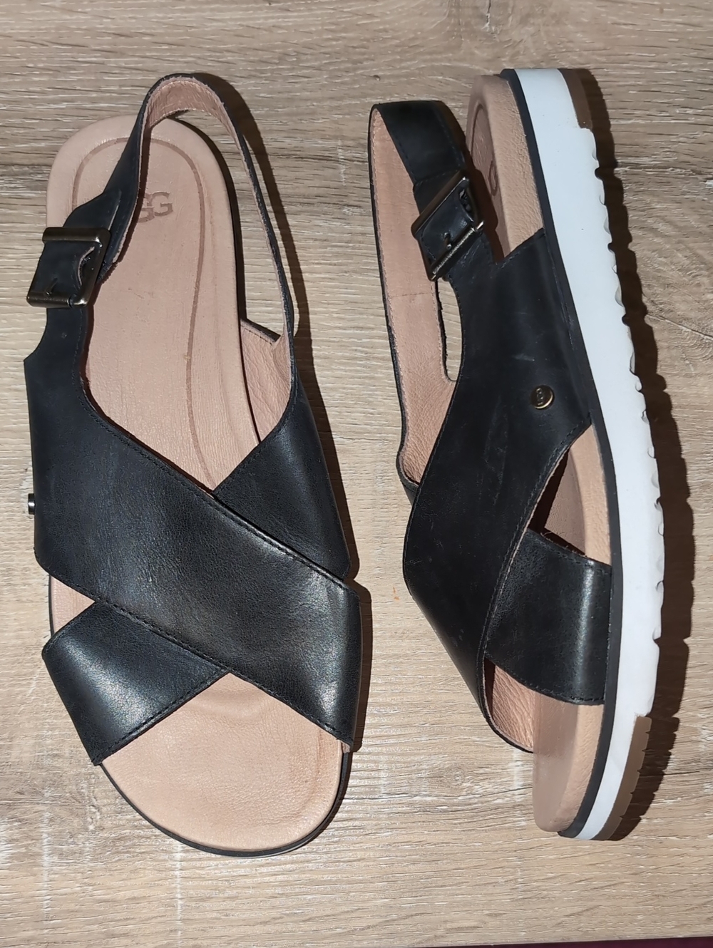 UGG Women's 8.5 Black Leather Crisscross Slingback Sandals with White Sole